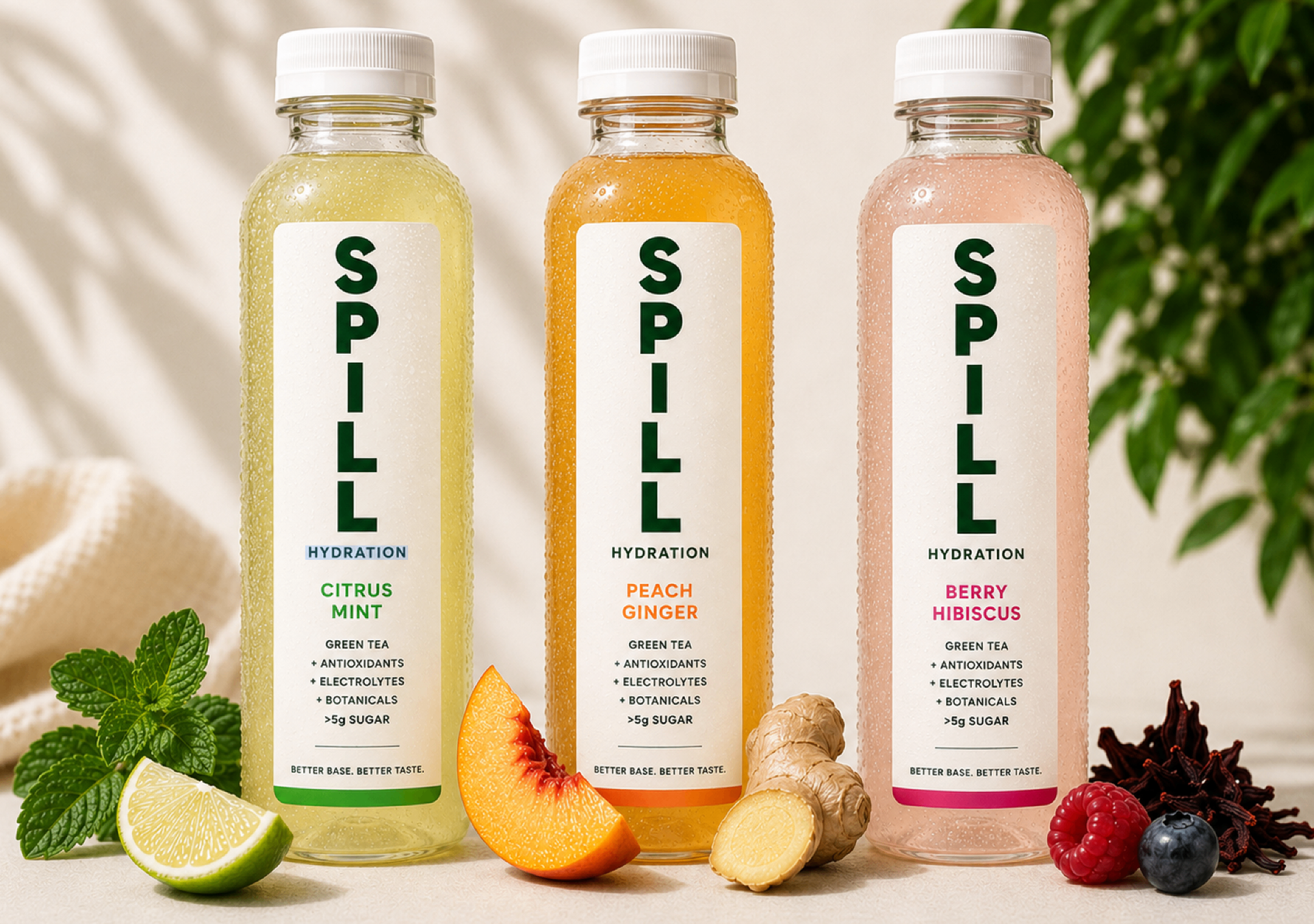 SPILL lineup — Citrus Mint, Peach Ginger, Berry Hibiscus