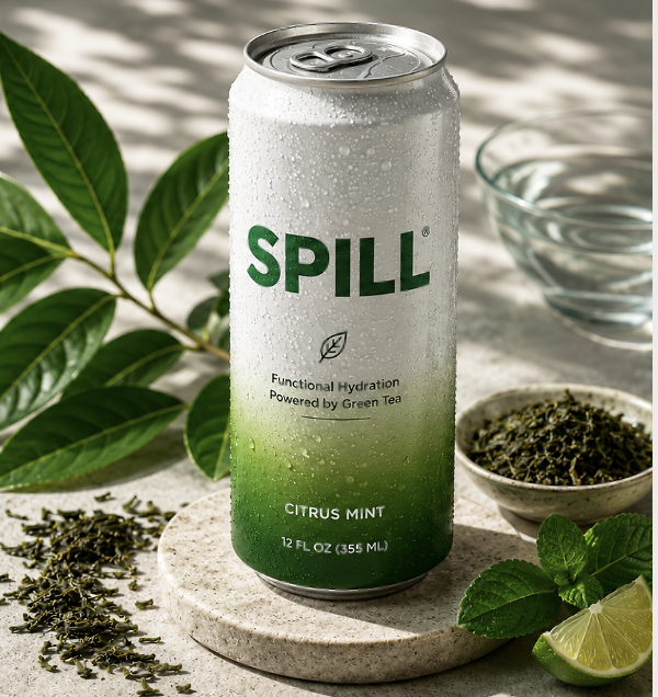 SPILL Citrus Mint can — functional hydration powered by green tea